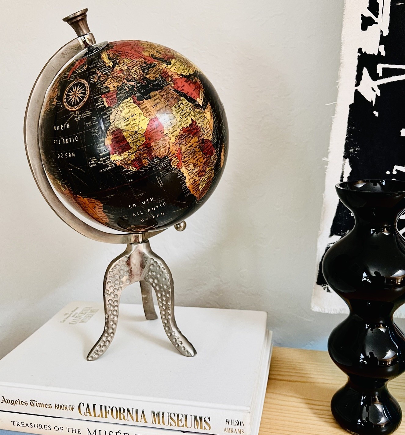 Vintage Black Ocean World Globe Hammered Aluminum Stand Desktop Globe 14.5"