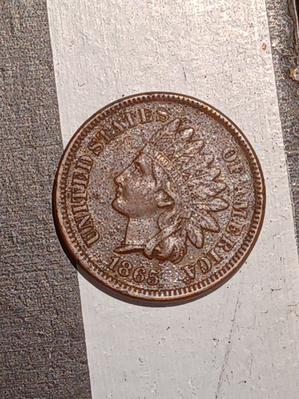 1865 Indian Cent Cud On Reverse Top Rim