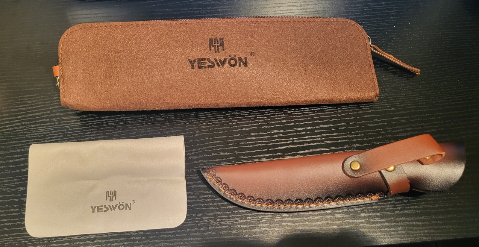 YESWON Fixed Blade Hunting Knife Engraved Bear Scene Full Tang Wood Handle