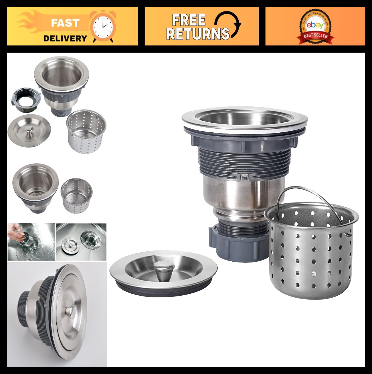 3.5 Inch Sink Drain Assembly Kit - Removable Strainer Basket & Stopper for Kitch