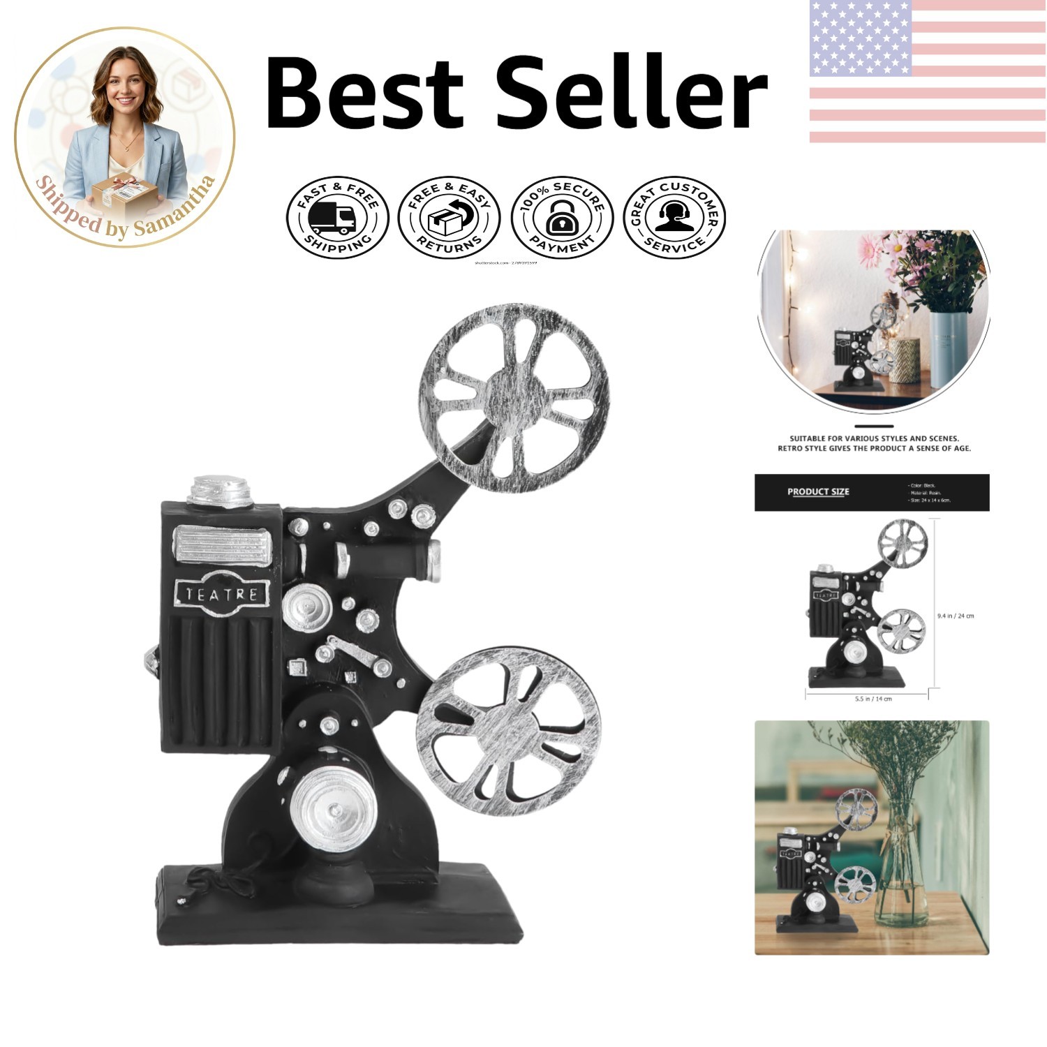 Chic Vintage Film Projector Resin Model - Elegant Home Decor Craft in Black