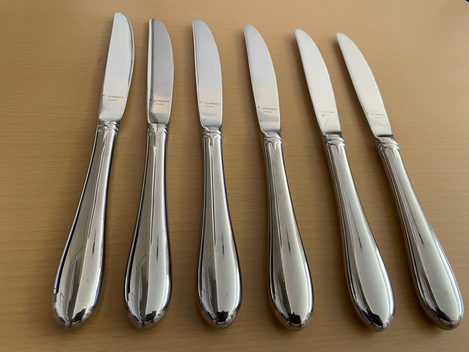 6 Gorham MEREDITH Stainless Glossy Dinner Knives 9” Hollow Handles