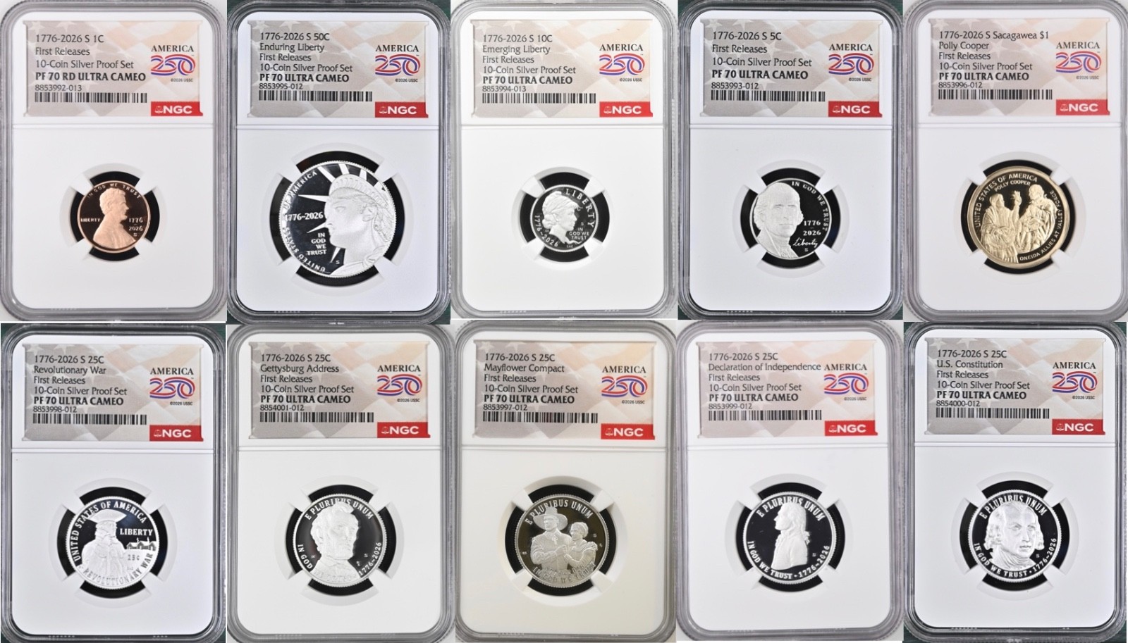 1776-2026 S Silver Proof Complete 10 Coin Set NGC PF70 UCam 250th Label PRESALE