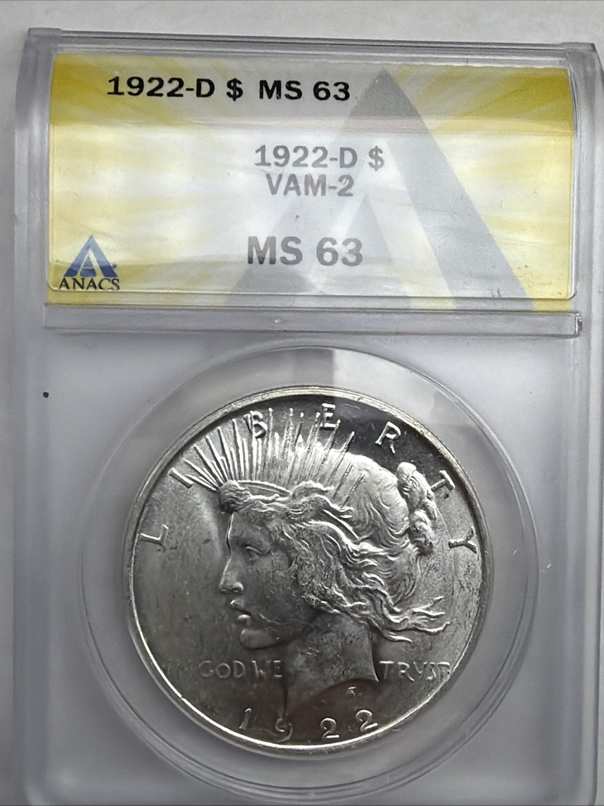 1922 D PEACE DOLLAR ANACS MS63 -VAM 2 90% Silver