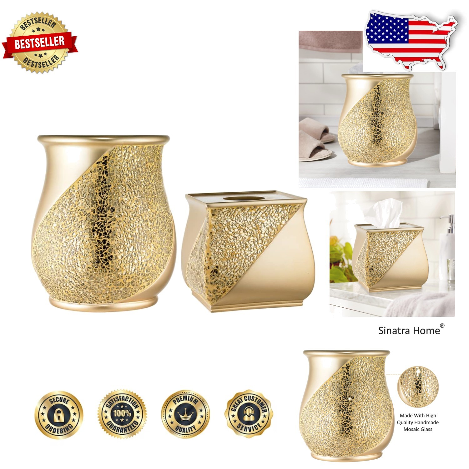 Elegant Sinatra Champagne Gold 2pc Bath Decor Set - Resin Waste Basket