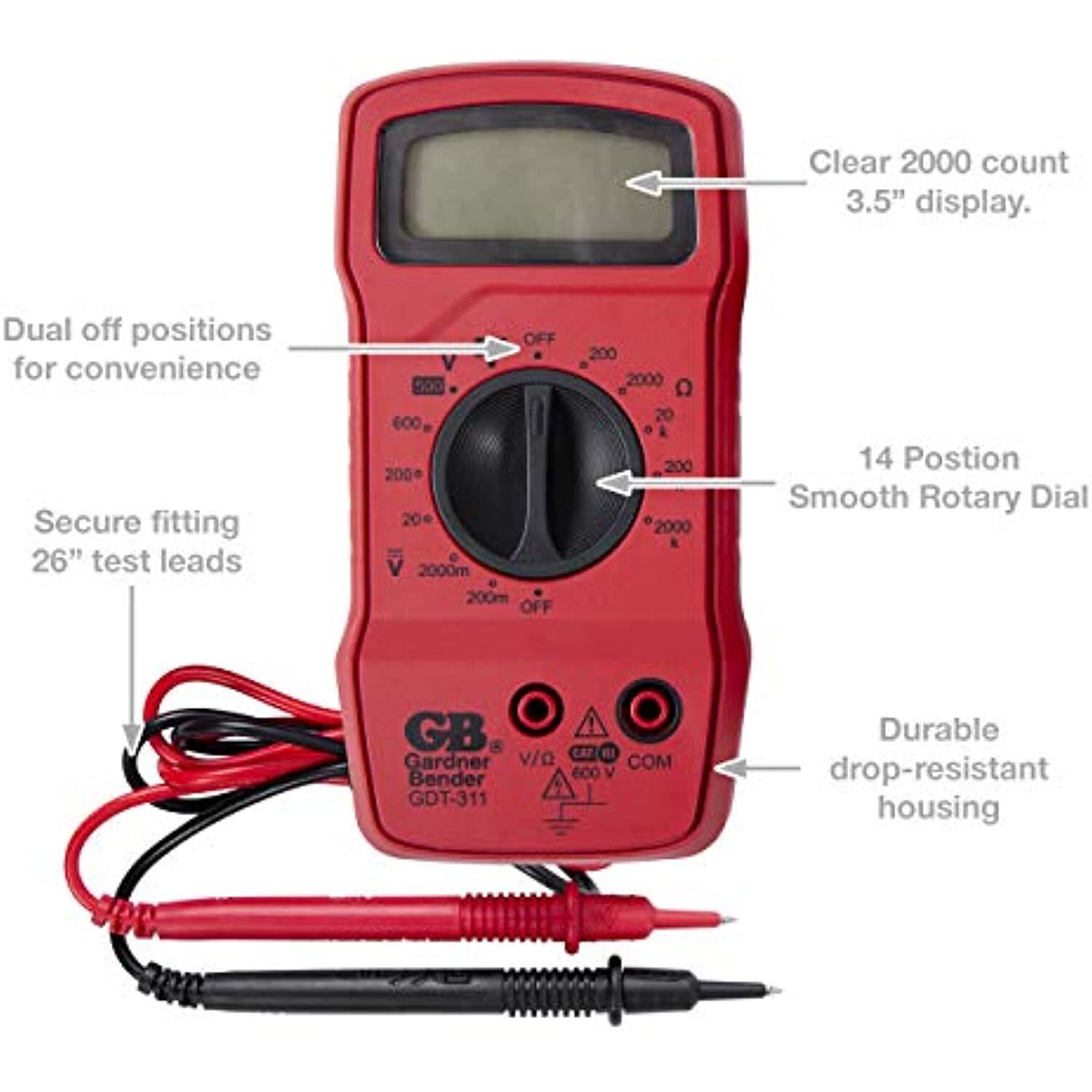 Gardner Bender GDT-311 Digital Multimeter, 3 Function, 11 Range, Tests AC/DC