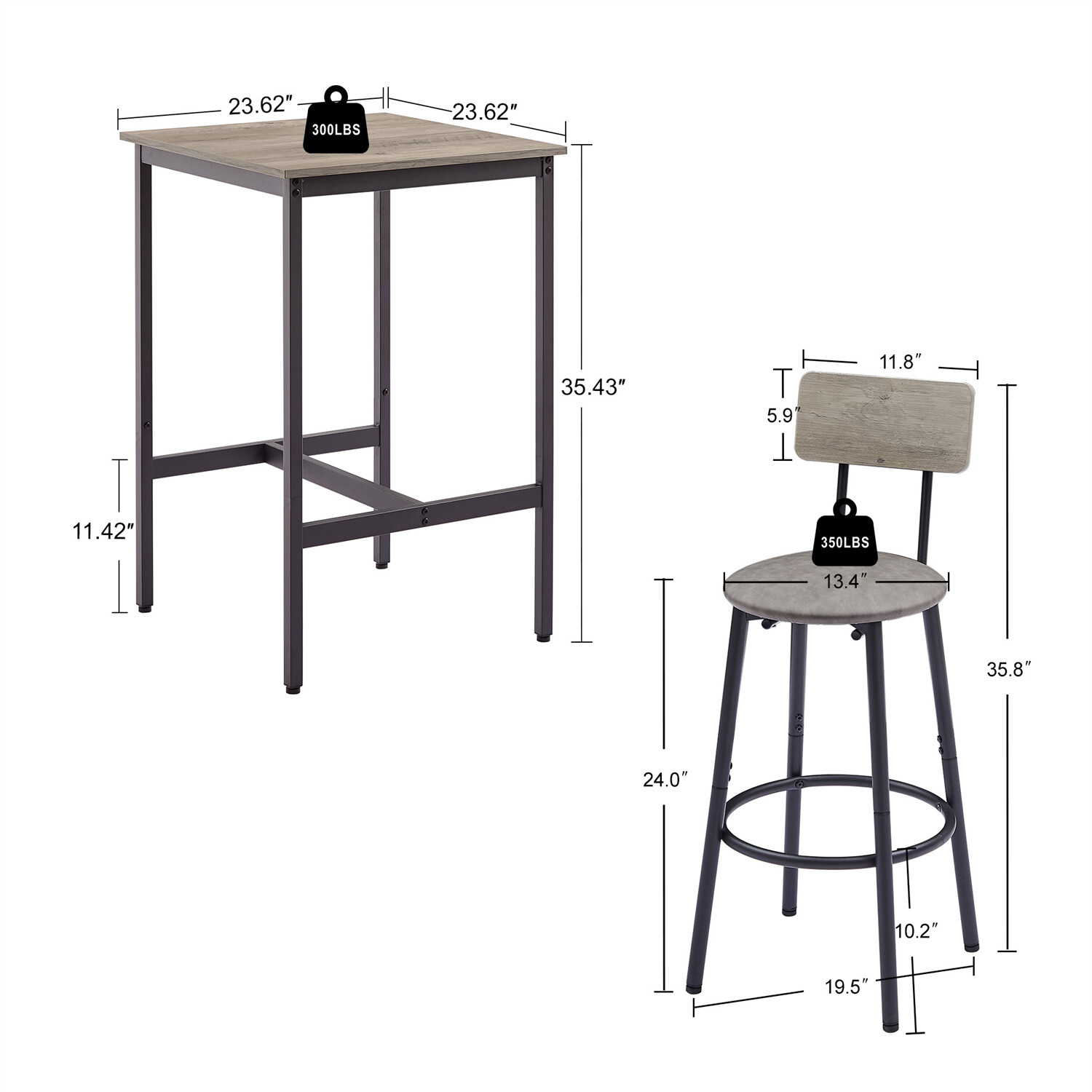 3 Piece Bar Table Set Counter Height Dining Kitchen Table with 2 Bar Stools Grey