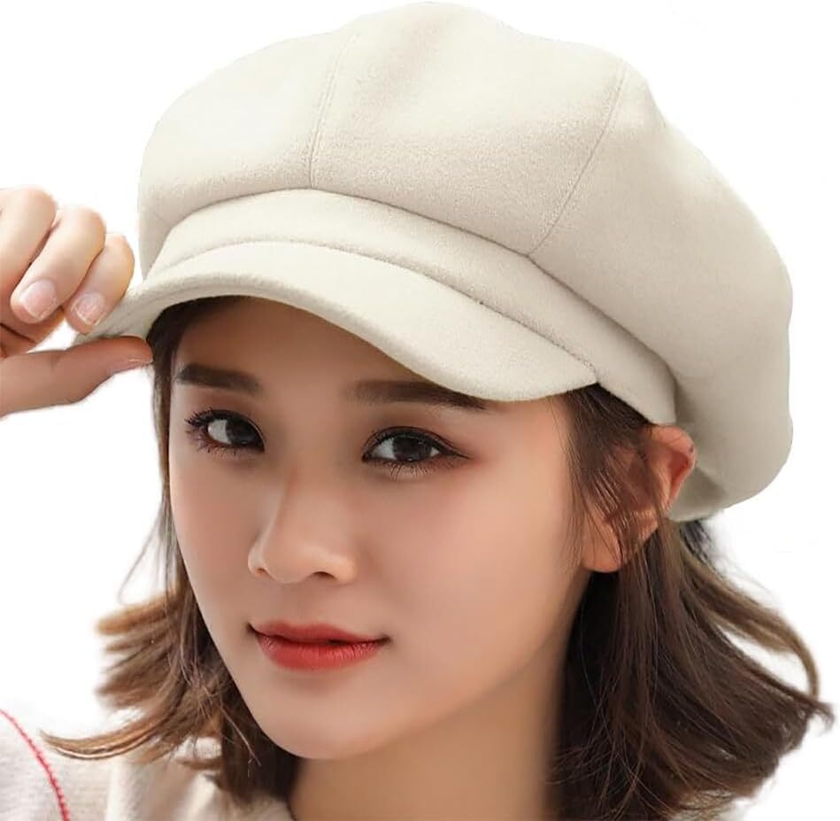 Womens 8 Panel Wool-Blend Newsboy-Cap Winter Cabbie Beret Cap Medium Beige