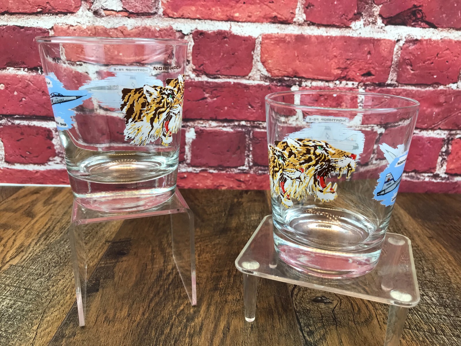 Rare PAIR - NORTHROP AVIATION DRINKING GLASS TIGER F5-E F5-F FLAG COMPANION SHIP