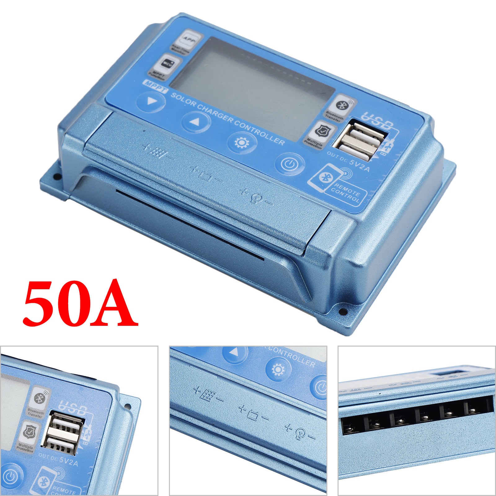 50A MPPT APP Solar Charge Controller Charger Fits 12V-60V LiFePO4 Battery Blue·