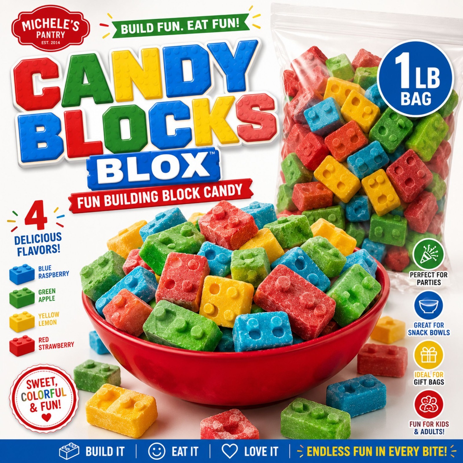 Candy Blocks Blox – 4 Flavors – 1 lb Bag – Fun Building Block Candy