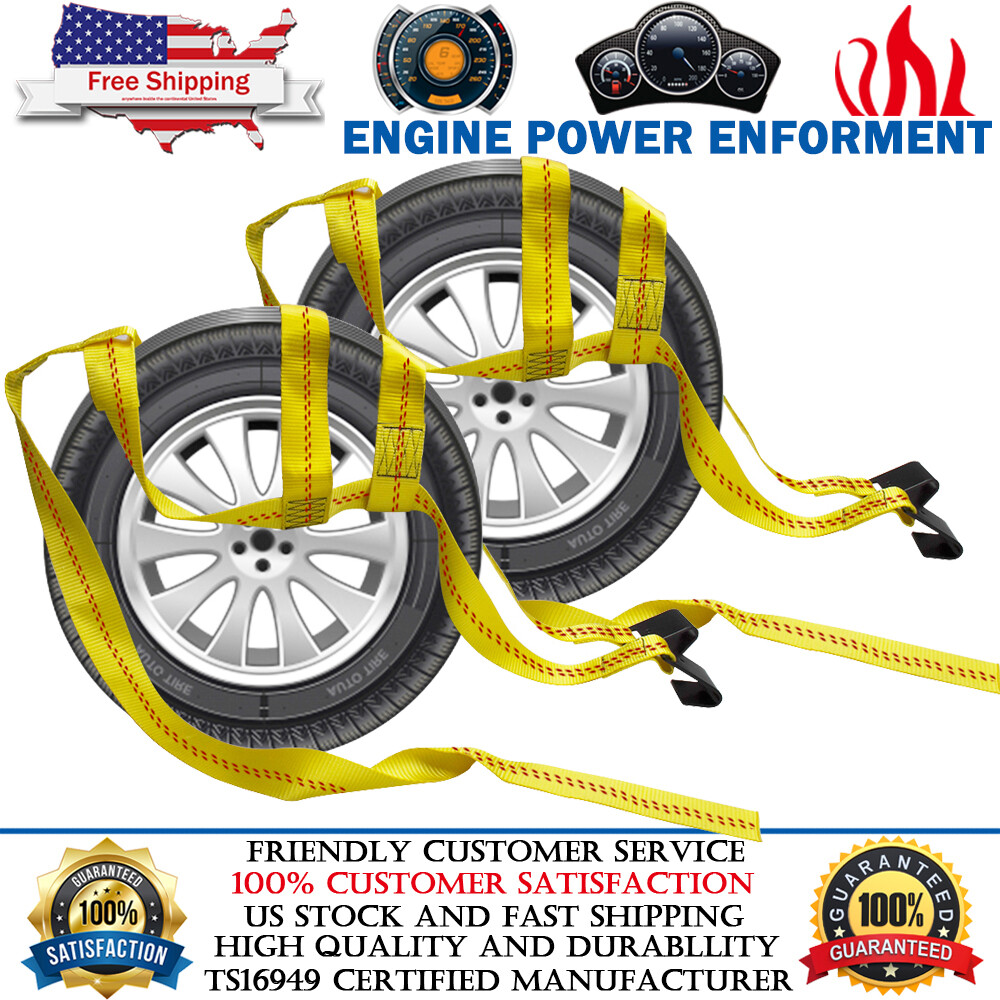 Set of 2 Yellow Car Dolly Wheel Net Tire Basket Tow Strap Snap Hook Heavy Duty