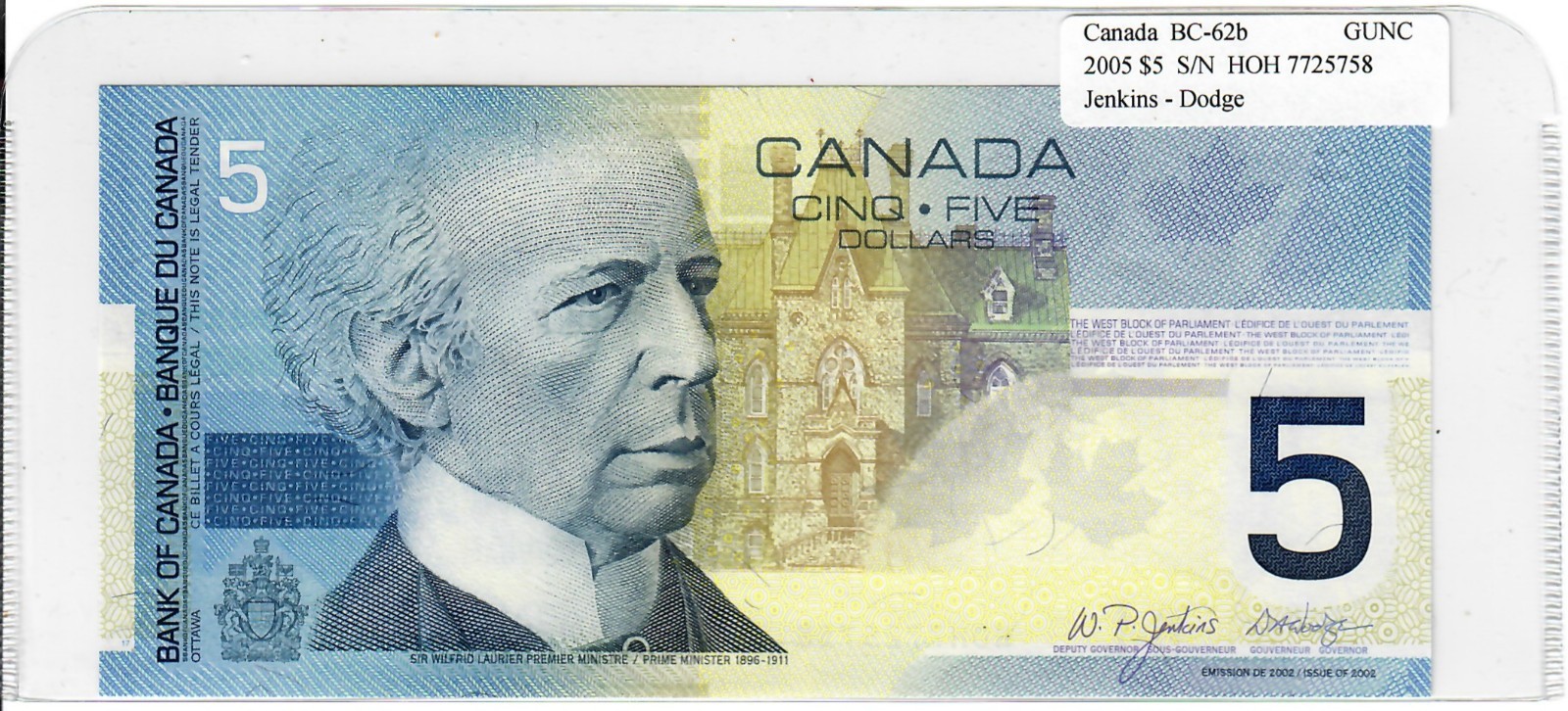 2005 Canada $5; Five Dollar; Jenkins/Dodge; HOH 7725758; BC-62b; UNC