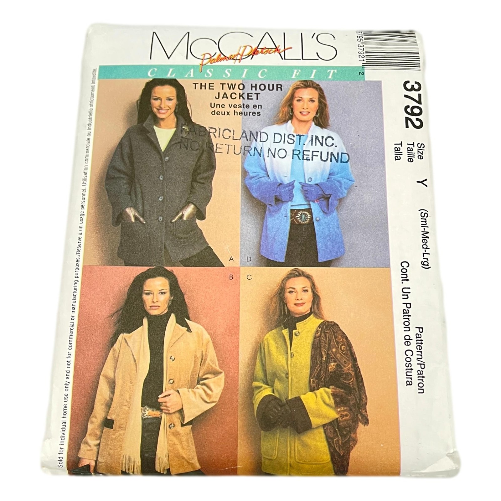 McCalls 3792 Womans 2 Hour Jacket Classic Fit Size S M L Sewing Pattern Uncut
