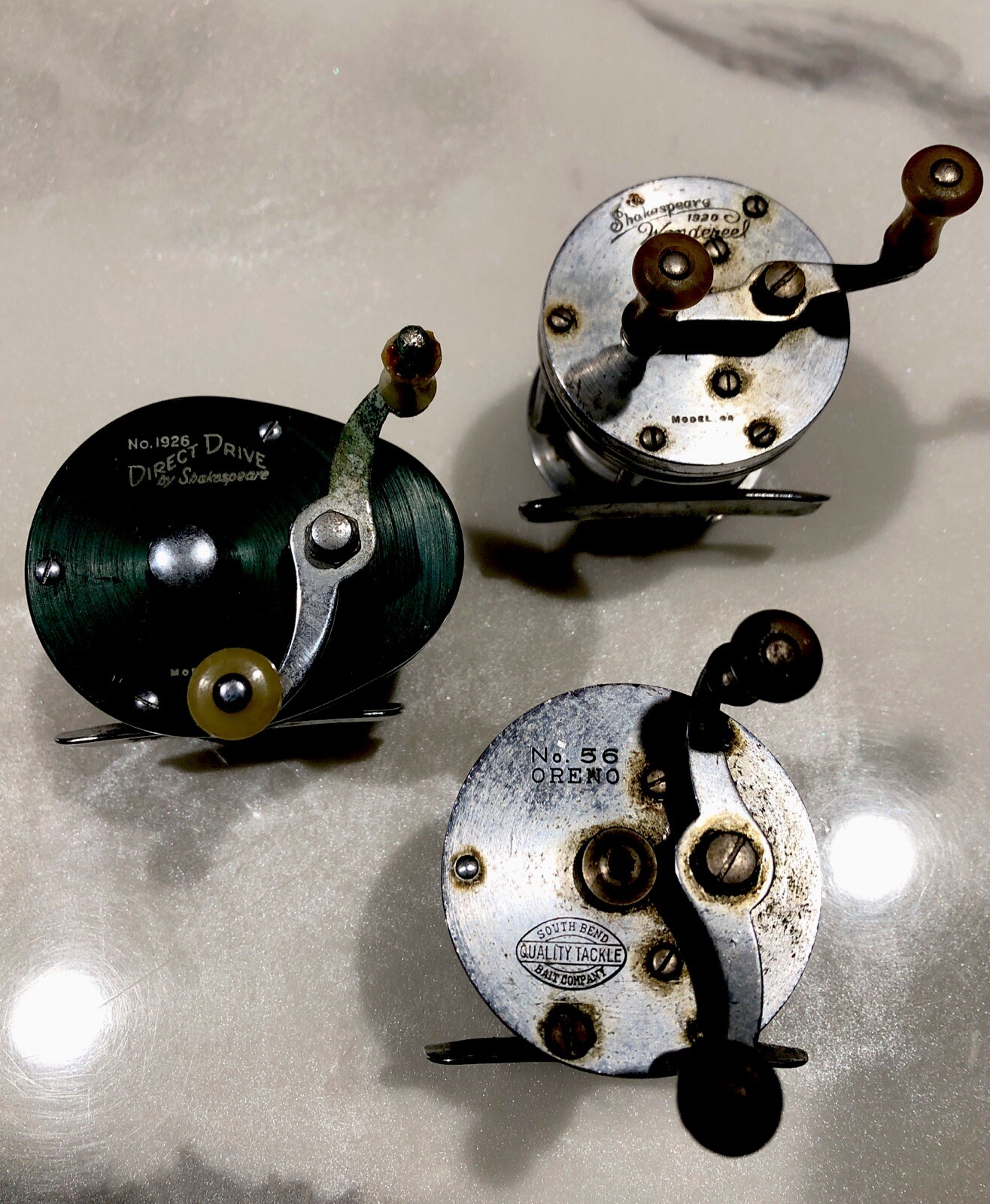 (3) Vintage Fishing Reels Shakespeare Wondereel 1920, 1926 South Bend Oreno 56