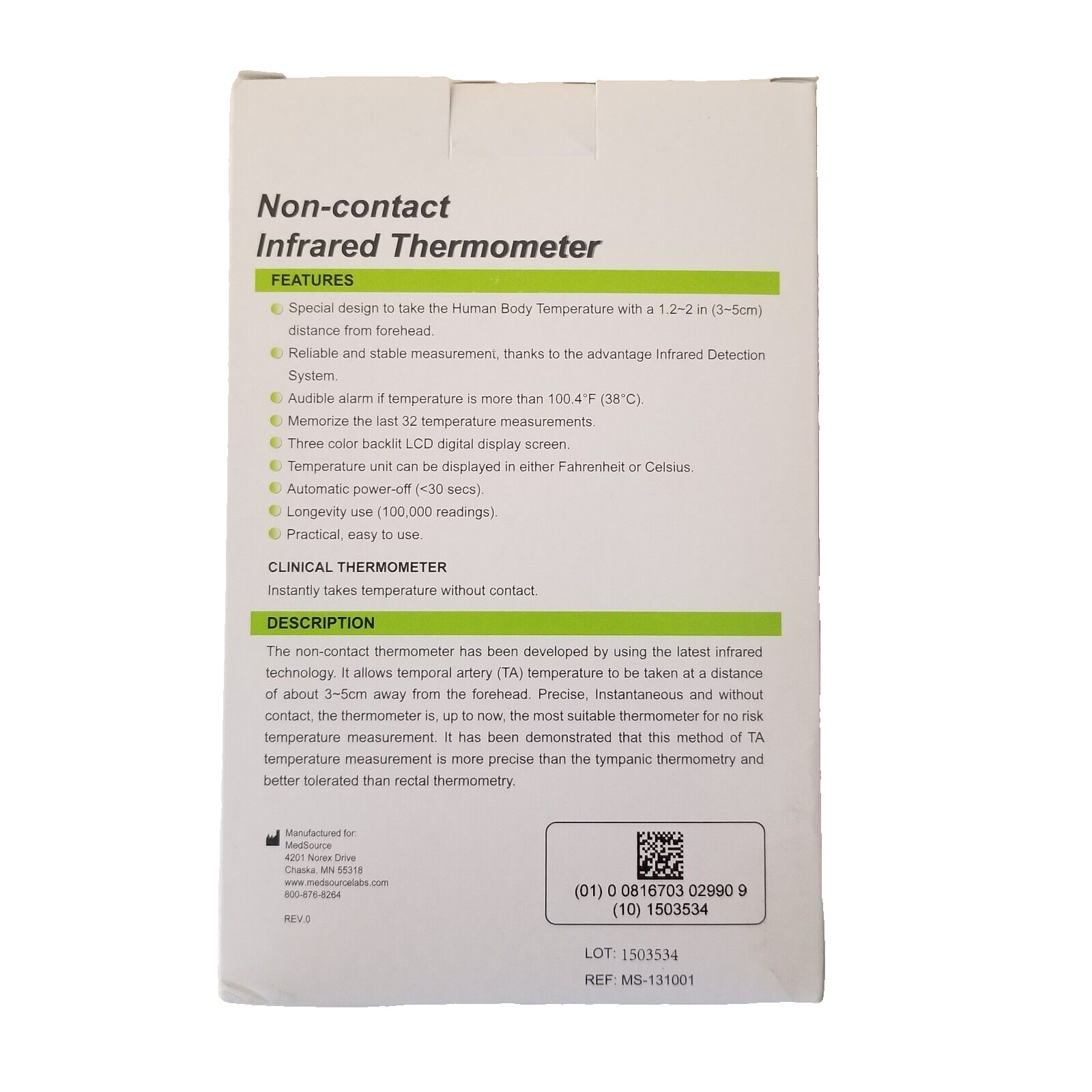 Medsource Non Contact Infrared Thermometer 1 Second Testing MS-131001