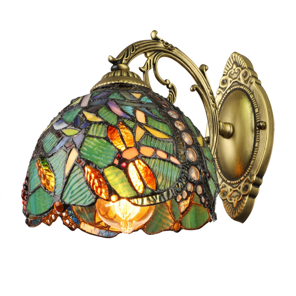 Tiffany Style Stained Glass Wall Light Dragonfly Green Sconce Porch Wall Lamp