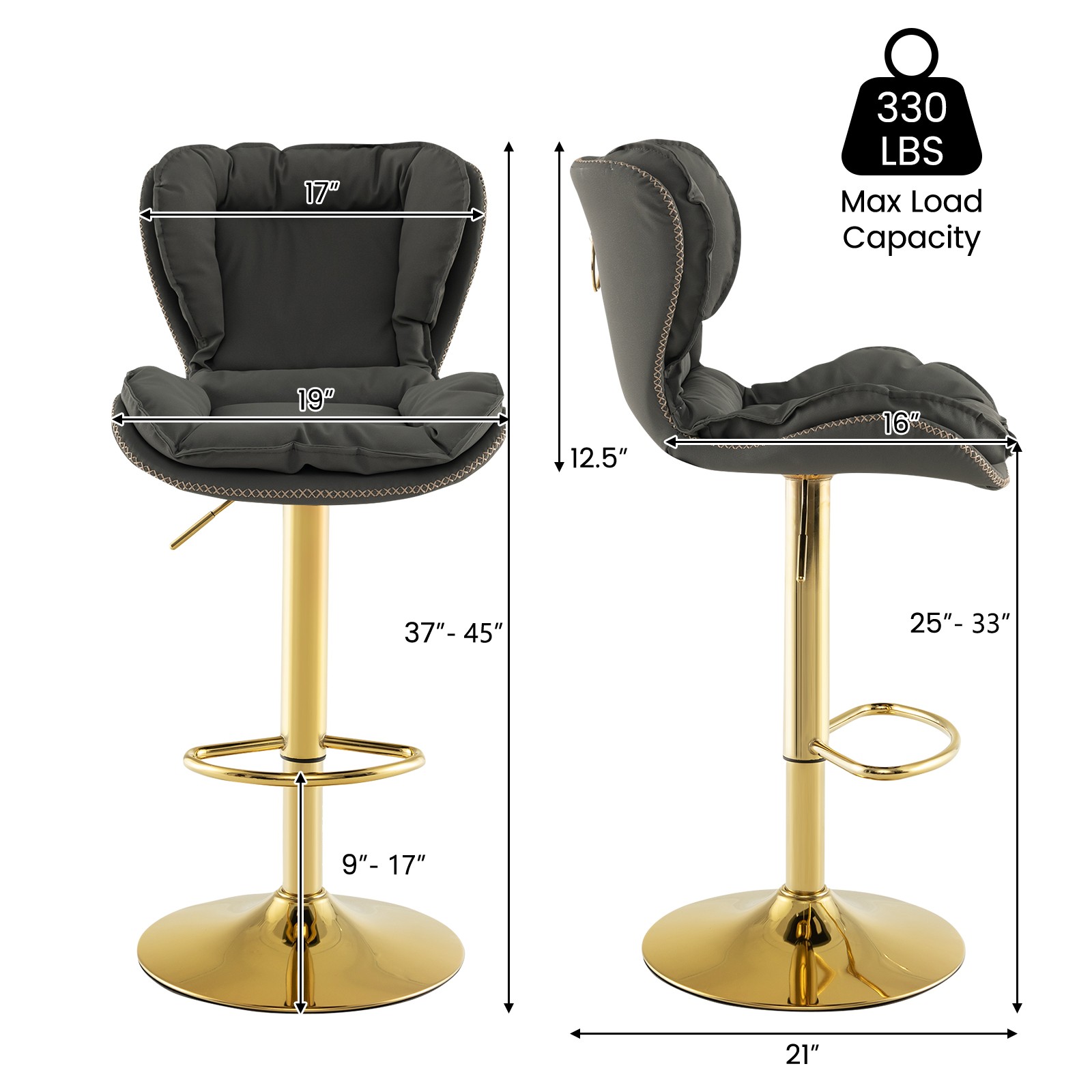 Set of 2 Leathaire Bar Chairs Adjustable Bar Stool with Padded Seat & Footrest