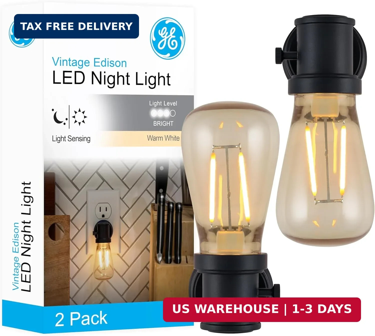 GE Vintage LED Edison Night Lights Plug Into Wall, 2-Pack, Dusk to Dawn Auto Sen