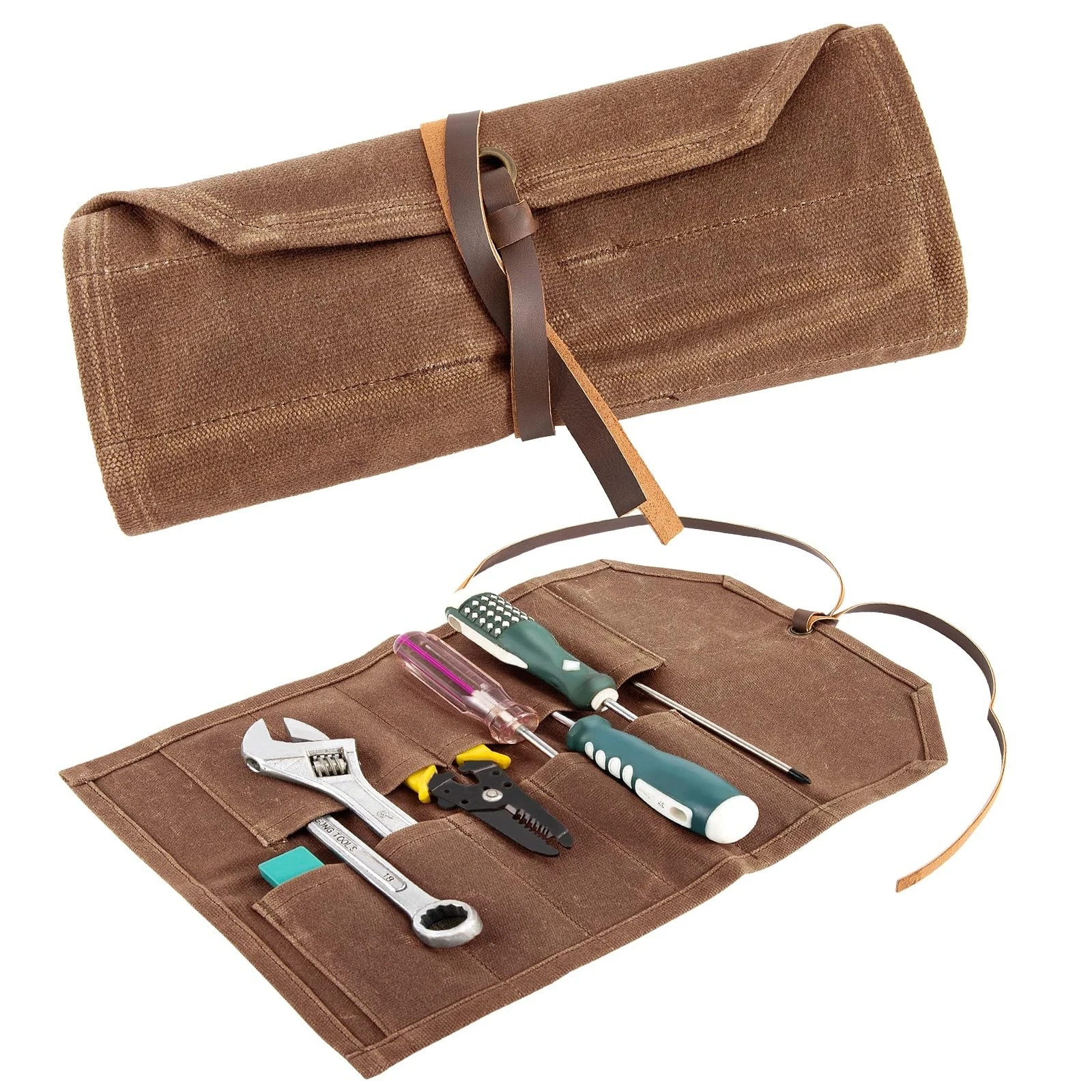 Tool Roll,10Slots Tool Roll Up Pouch,Heavy Duty Waxed Canvas Tool Roll Bag,Ch...