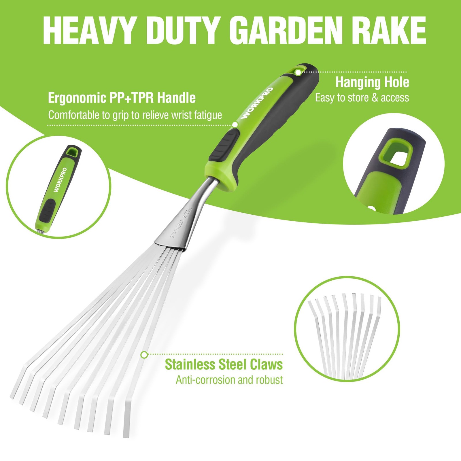 WORKPRO 16" Hand Rake, Garden Rake with Soft Handle Green/Black