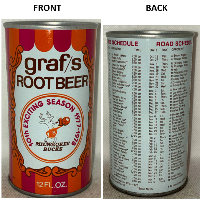 1 can, 1977-78 Milwaukee Bucks Schedule Graf's Root Beer soda can, BO, NBA