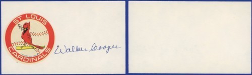 Walker Cooper SIGNED 3x5 index file card with Cardinals team sticker - BEAUTIFUL