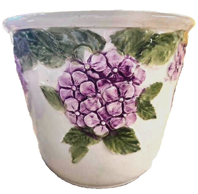 Italian Indoor Planter Vase Floral Purple Hydrangeas "5.25" H X 6 " D Cashe Pot