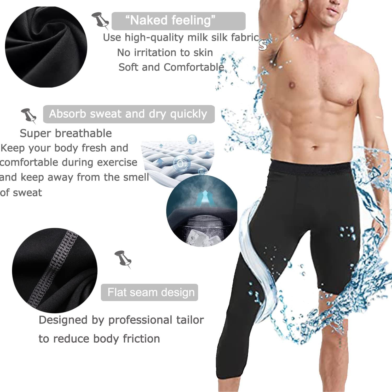 Men's Compression Sport Pants Single Leg 3/4 Base Layer Medium, Black-right