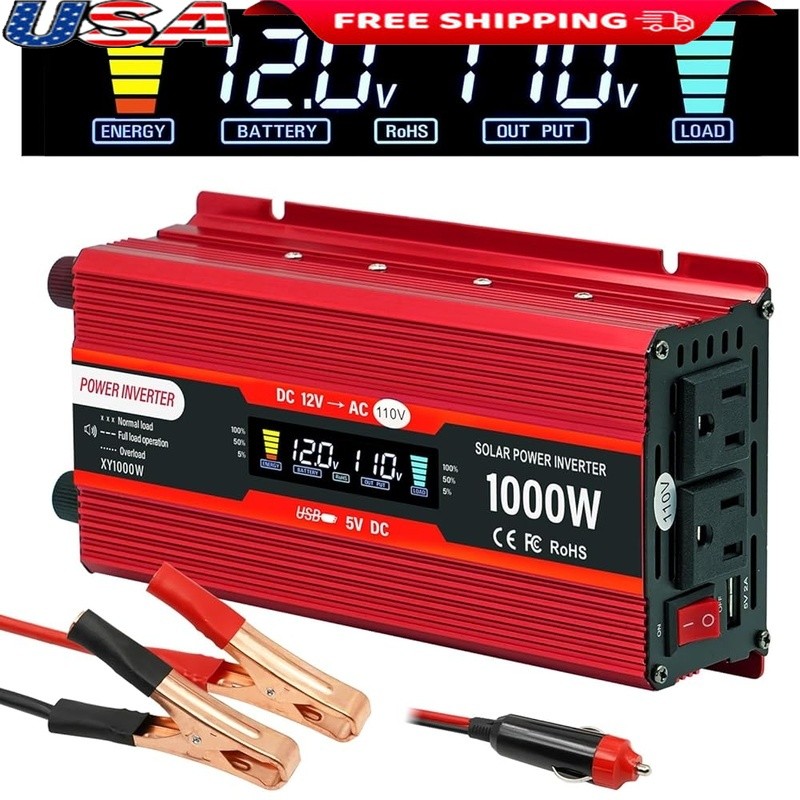 Power Inverter 12V to 110V 650W AC DC Converter USB LCD Display Cooling Fan