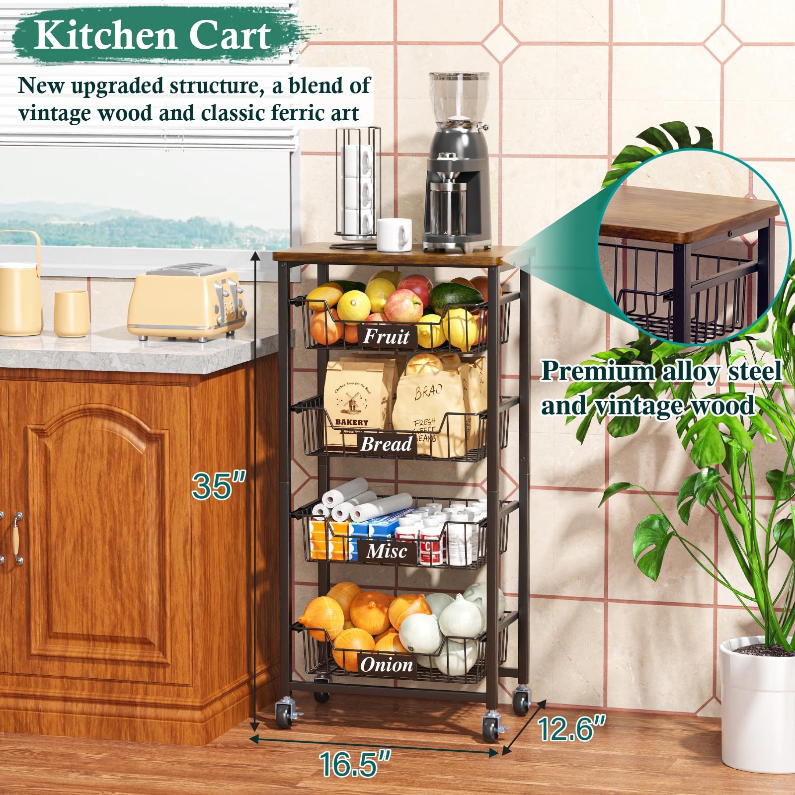 Fruit Basket, 5-Tier Utility Kitchen Organizer and Storage Cart with Pull-Out...