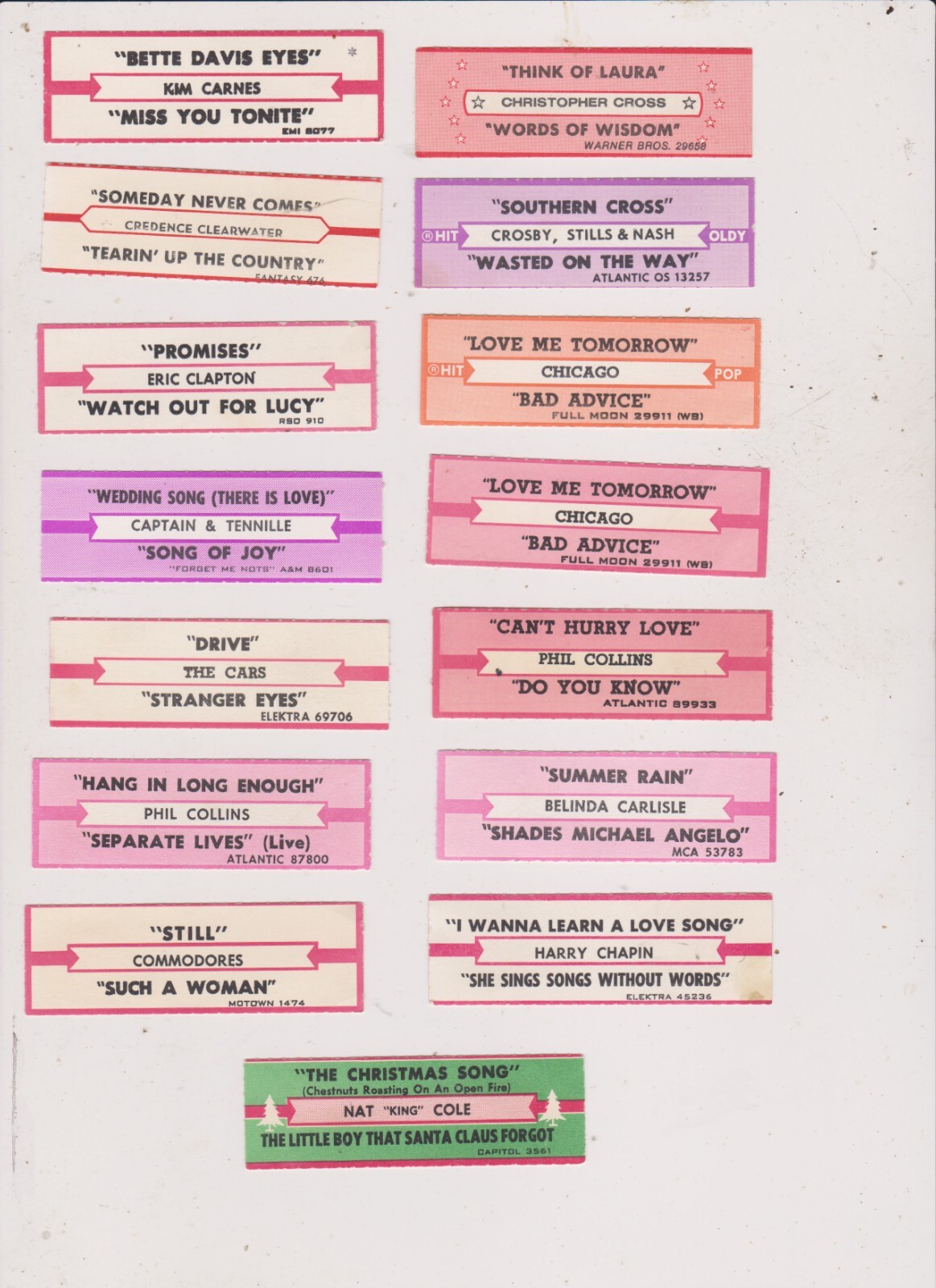 15 ROCK JUKEBOX TITLE STRIPS LOT 1.FREE SHIPPING IN U S