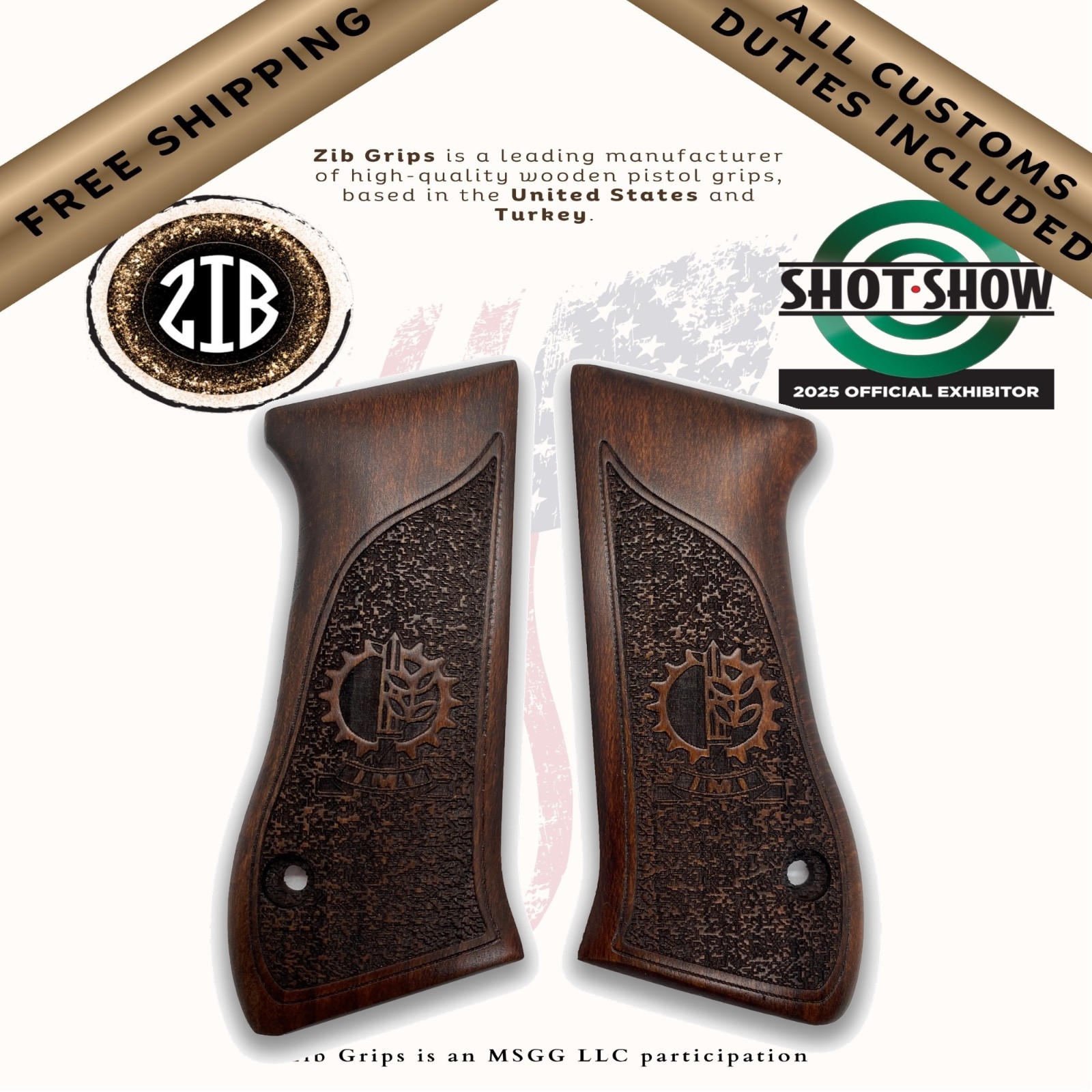ZIB Grips for Jericho 941 / Baby Eagle Beech Wood Brown IWI IMI Amblem Pistols