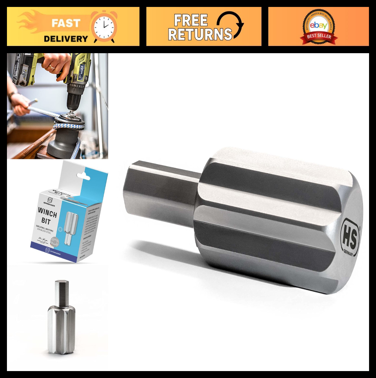 Stainless Steel Sailboat Winch Bit Adapter for Cordless Screwdriver & Power Dril
