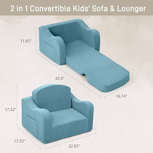 Thick Comfy Toddler Chair and Couch for Kids,2-in-1 Kids Couch Corduroy Blue