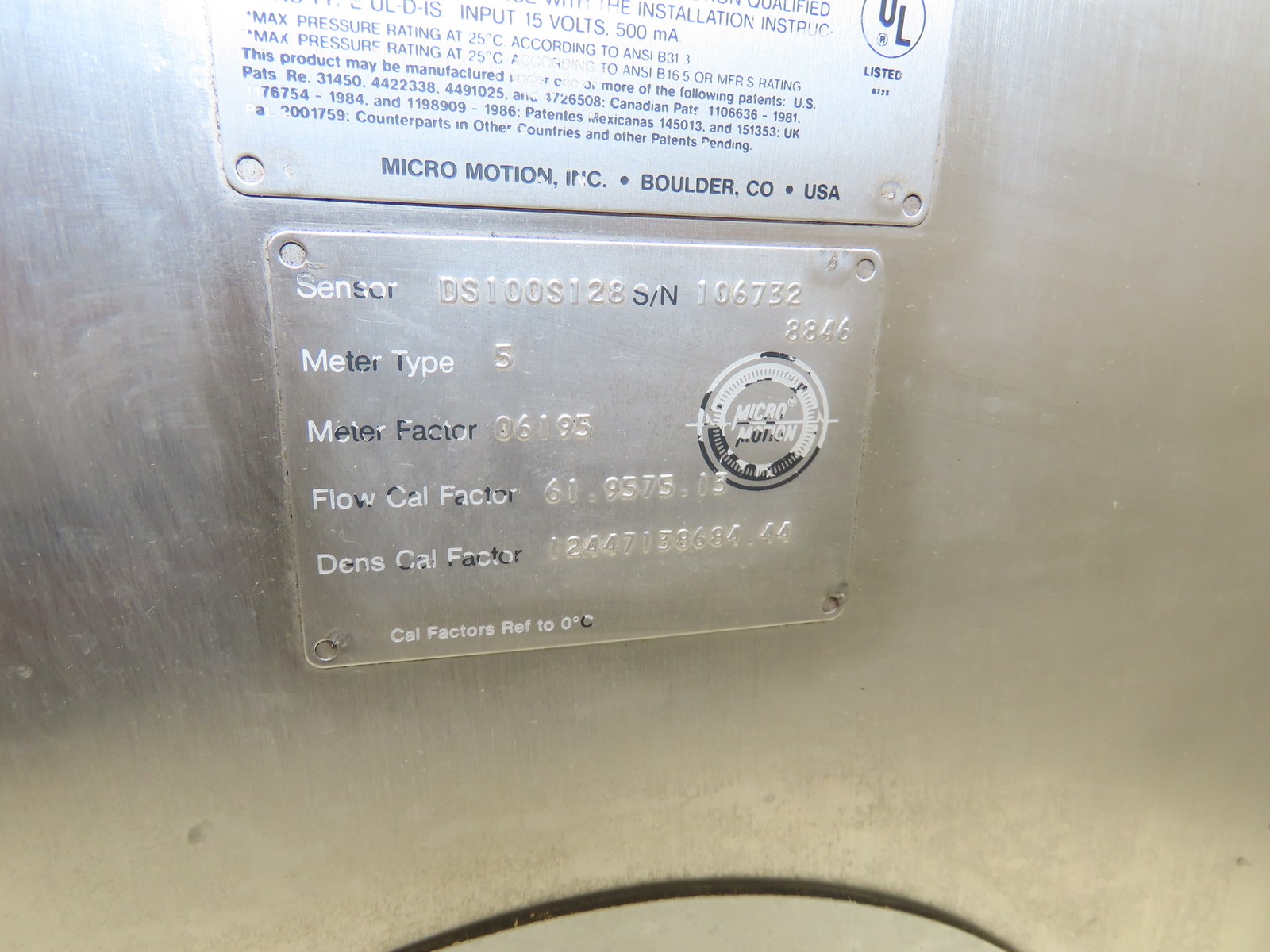 Micro Motion S100S128 Mass Flow Sensor 1" Flanged Coriolis Meter 2250 PSI