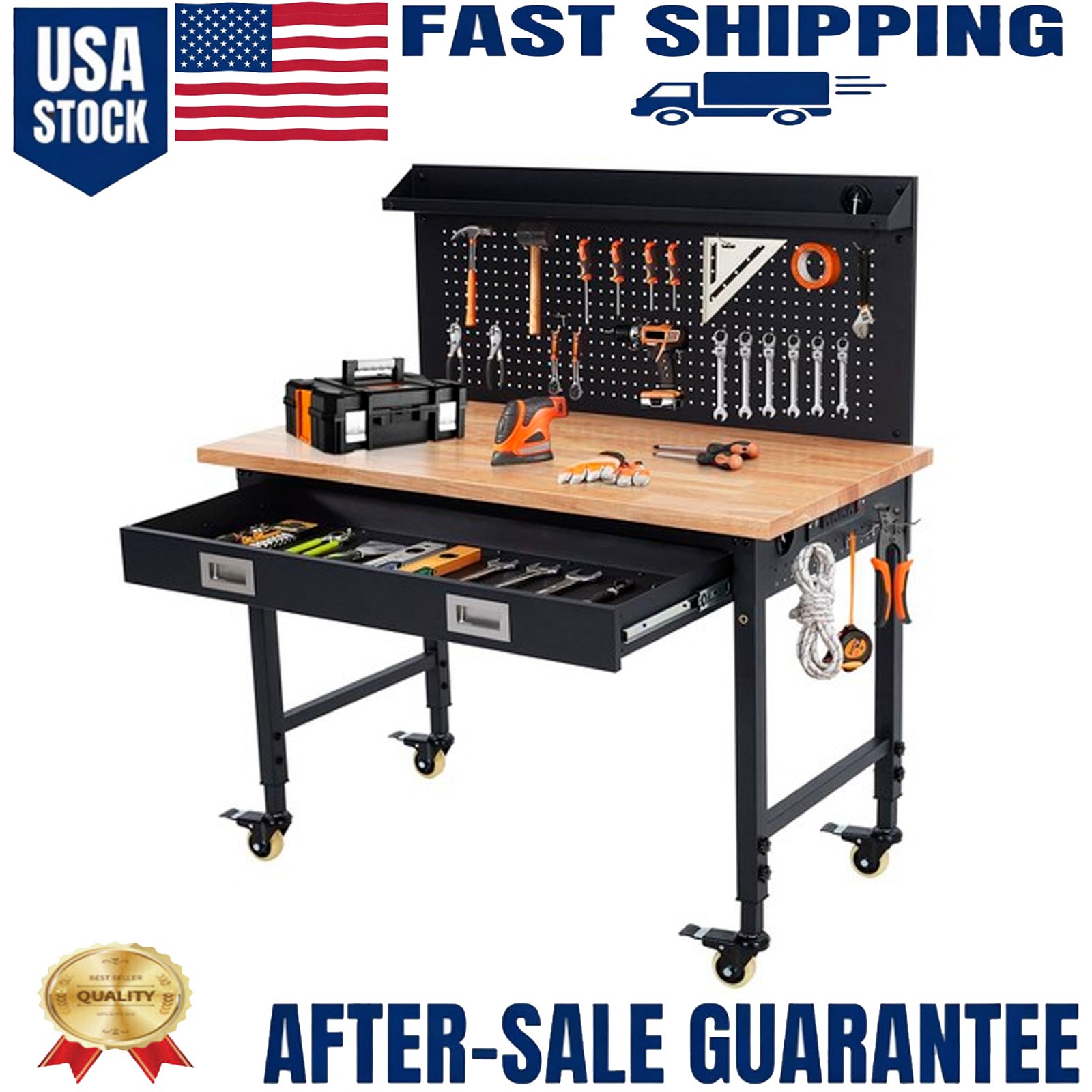 2000lbs Heavy Duty Adjustable Workbench 48 In with Drawers & Pegboard Backplate