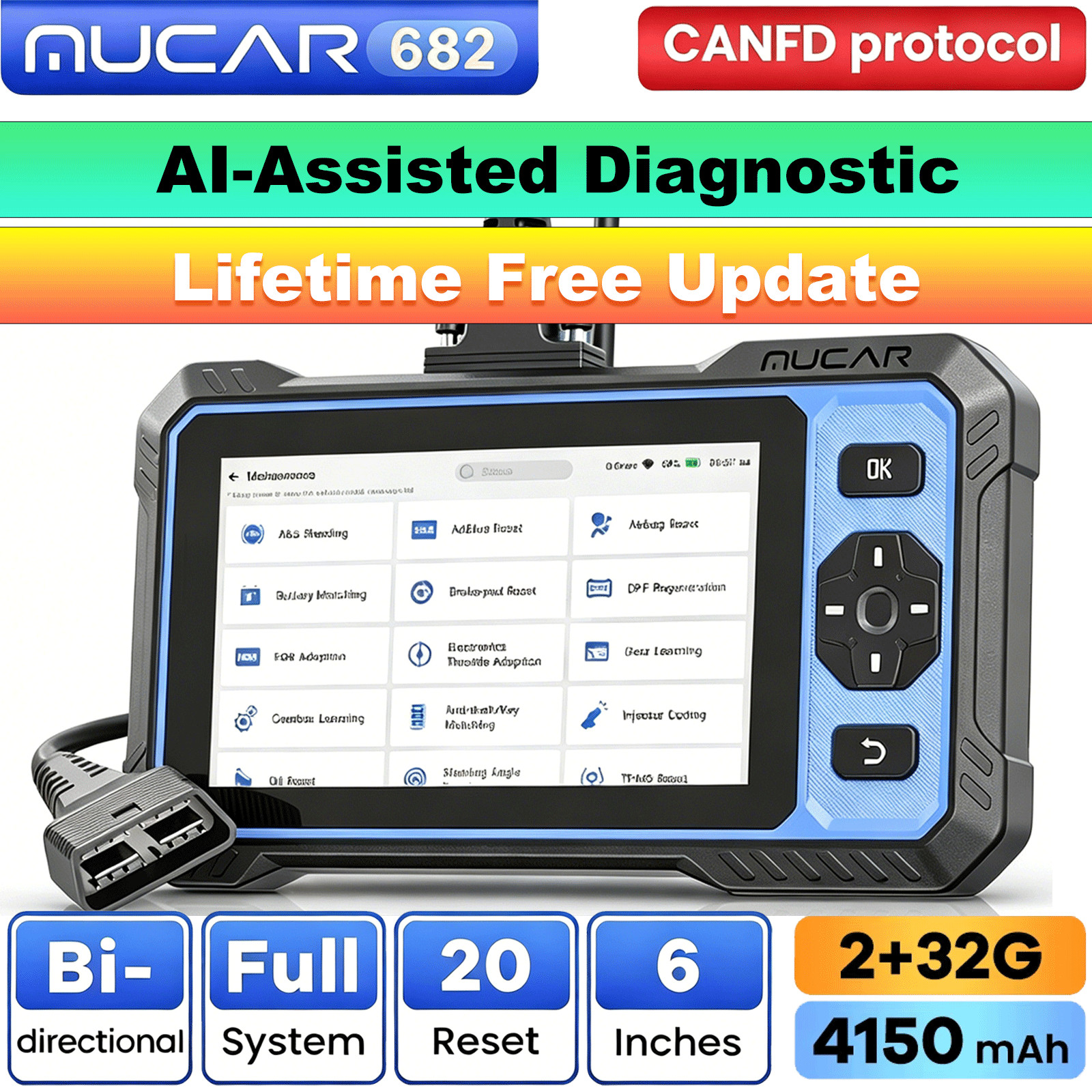 MUCAR 682 Lifetime FREE AI-Assist Diagnostic Tool Full System Scanner CANFD FCA