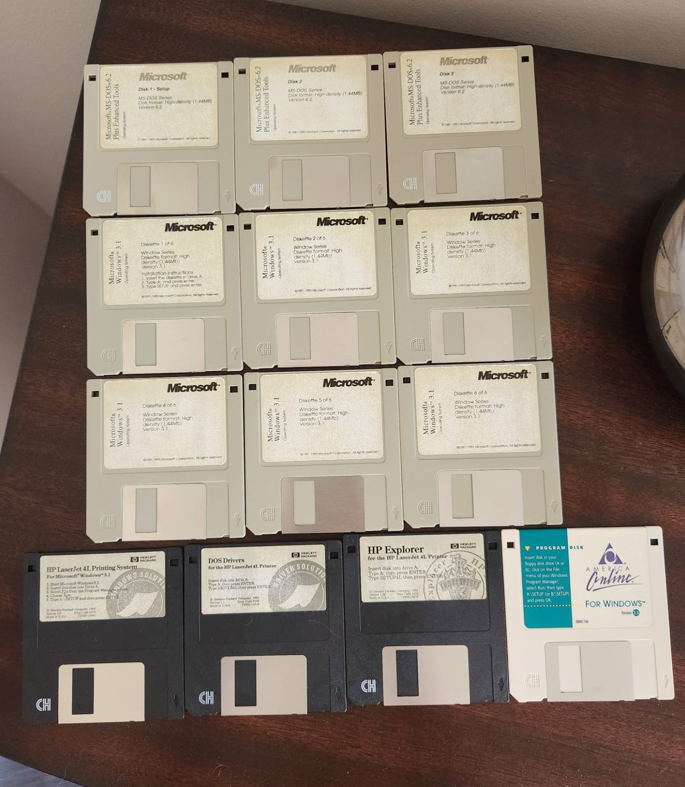 Vintage 3.5 Floppy Disks, Lot Of 13, MS-DOS, Windows, HP Laserjet, and AOL