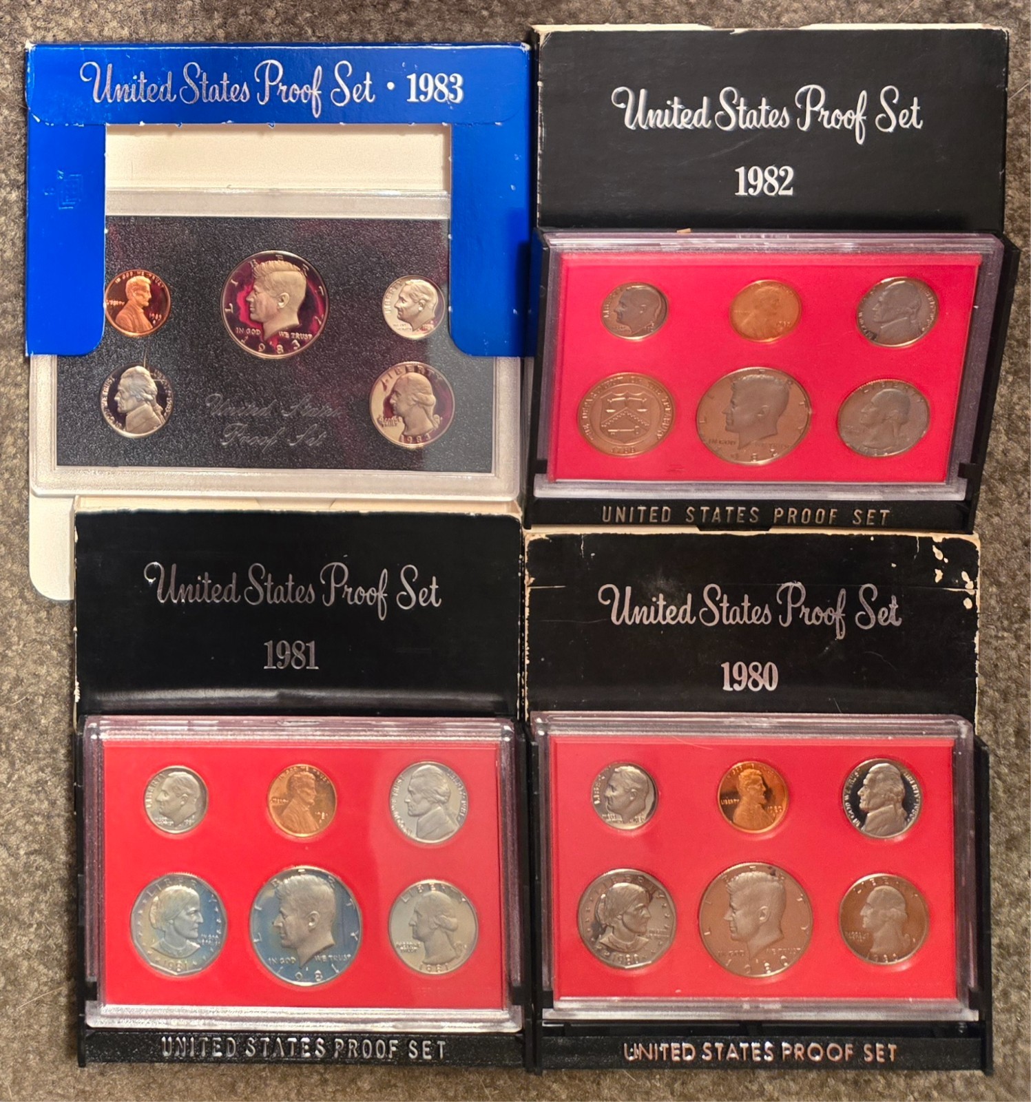 Lot of 4 sets 1980, 81, 82 and 83 U.S. Proof Set Coins with OGP + Cases-Shipping