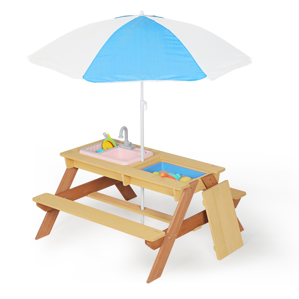 Kids Sand & Water Activity Table with Umbrella, Convertible Picnic Table