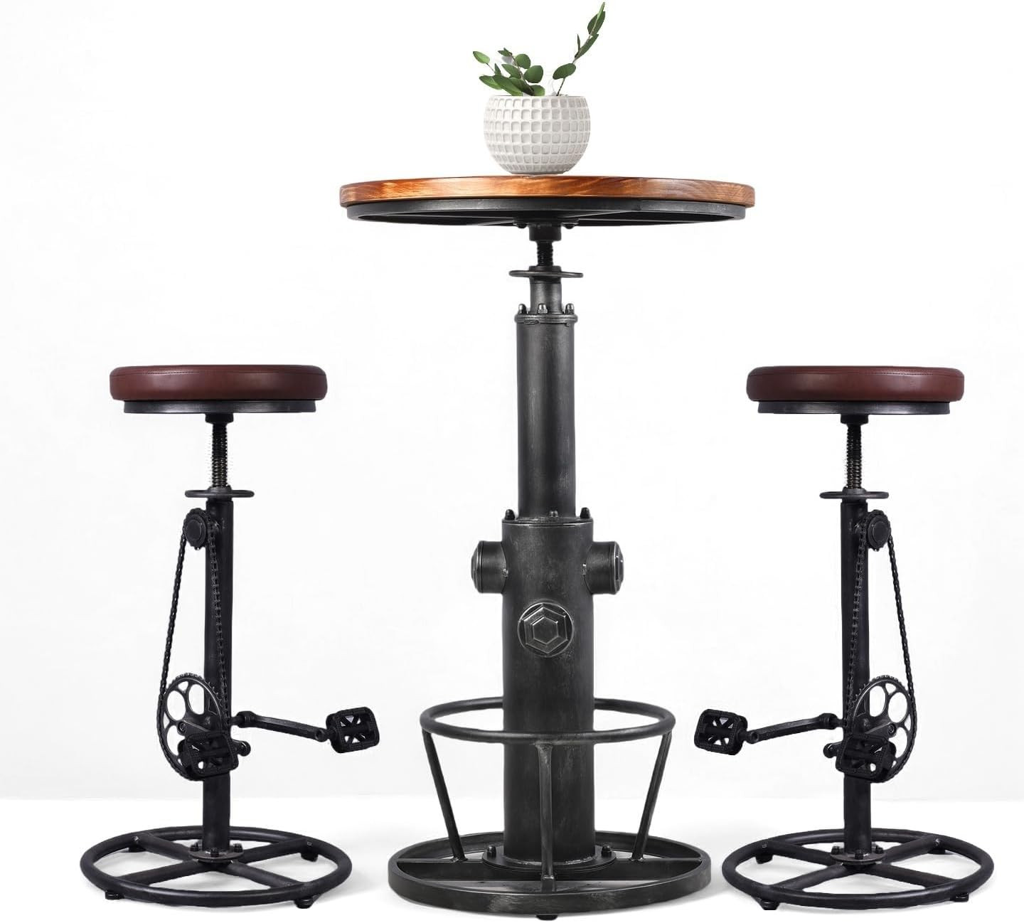3 Pieces Industrial Coffee Table Set Rustic High Bar Table with Bike Stool Vinta