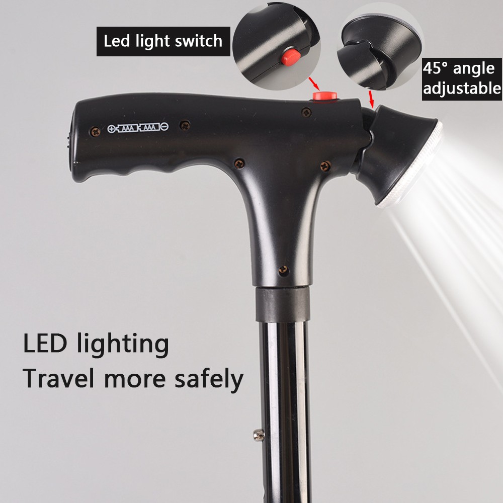 Elder Folding Walking Stick Walking Cane Height Adjustable Torch LED Light Alarm