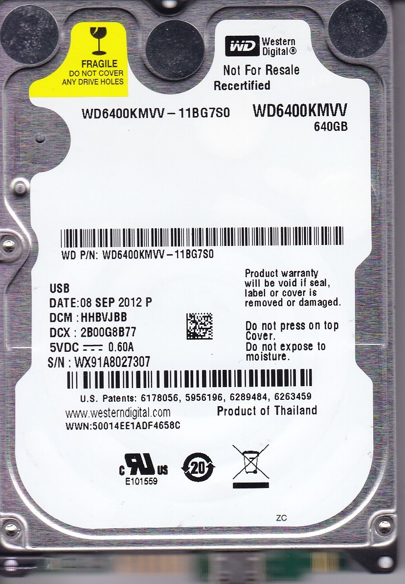 WD6400KMVV-11BG7S0  dcm: HHBVJBB s/n: WX91A8 640GB Thailand 2012 USB 2.0  A23-20