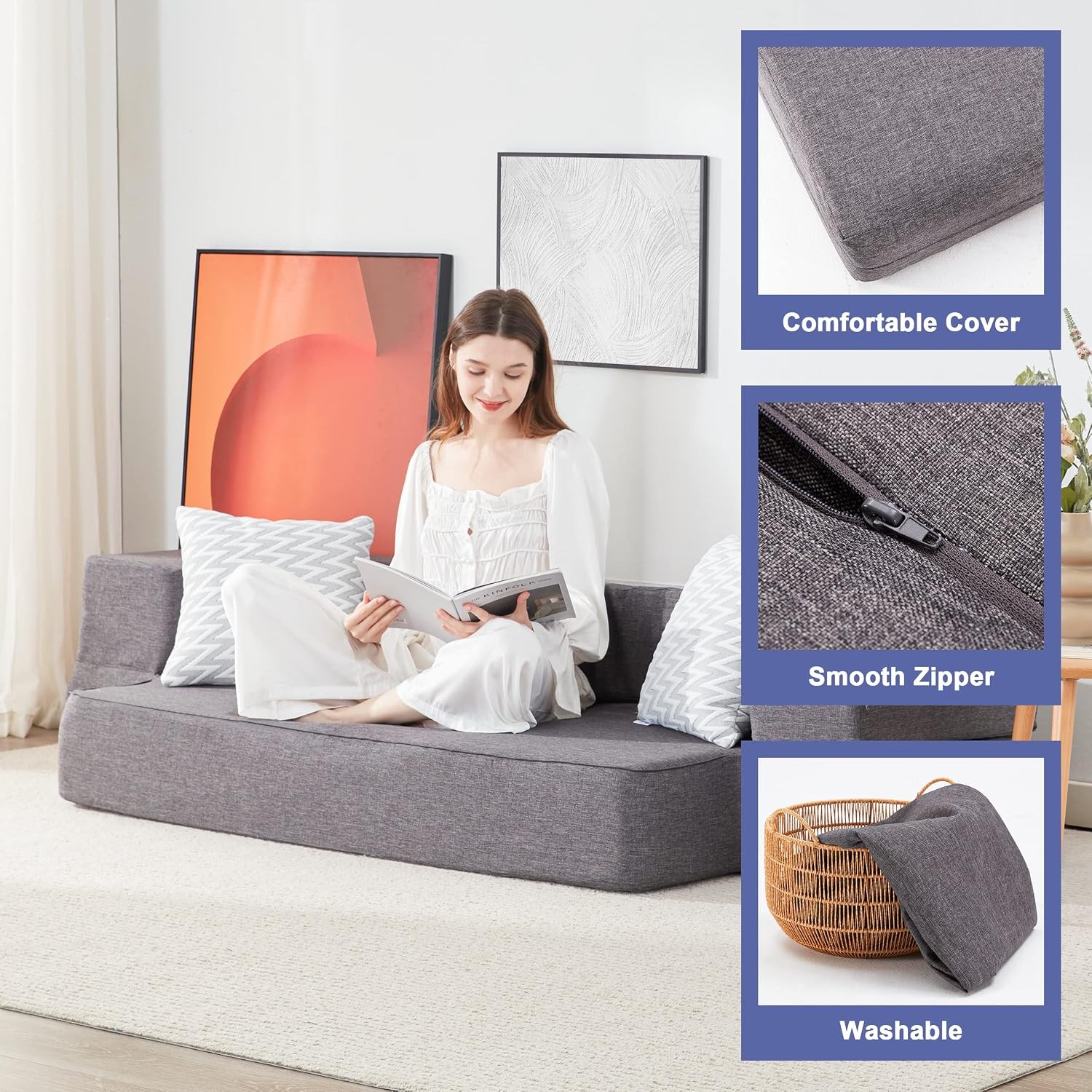 Floor Sofa Bed, Convertible Sleeper Lounge Couch Folding Mattress with 2 Pillows