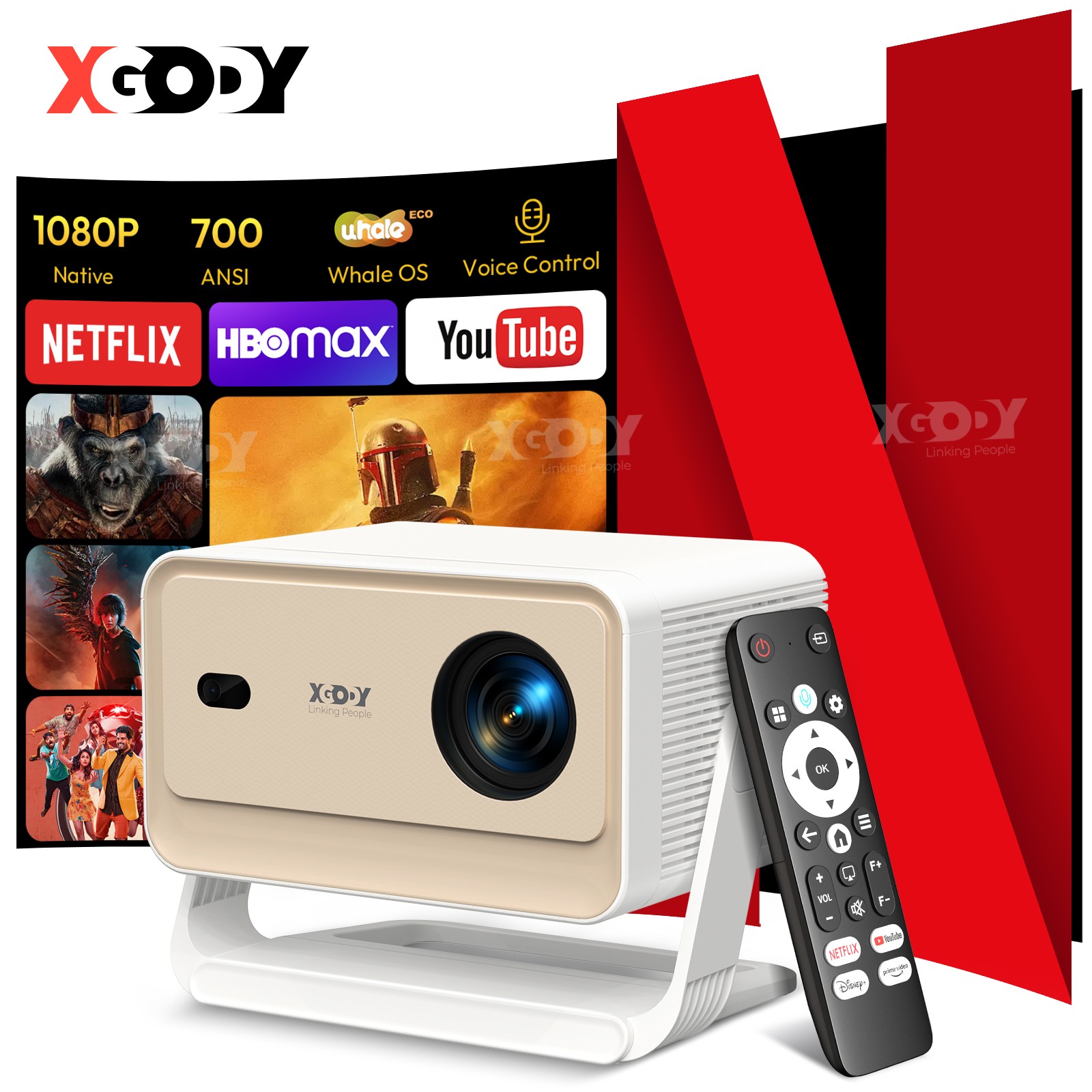 700ANSI Projector 4K FHD Home Theater Movie Whale Os HDMI USB Bluetooth 5G WIFI