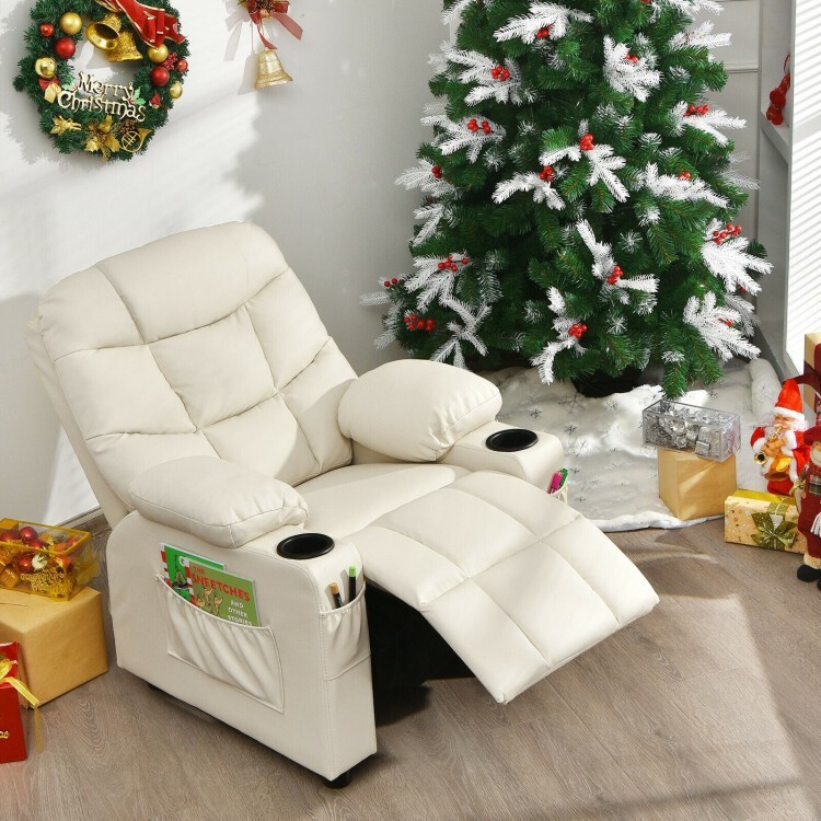 Kids Padded PU Leather Adjustable Recliner Chair W/Cup Holders & Storage Pockets