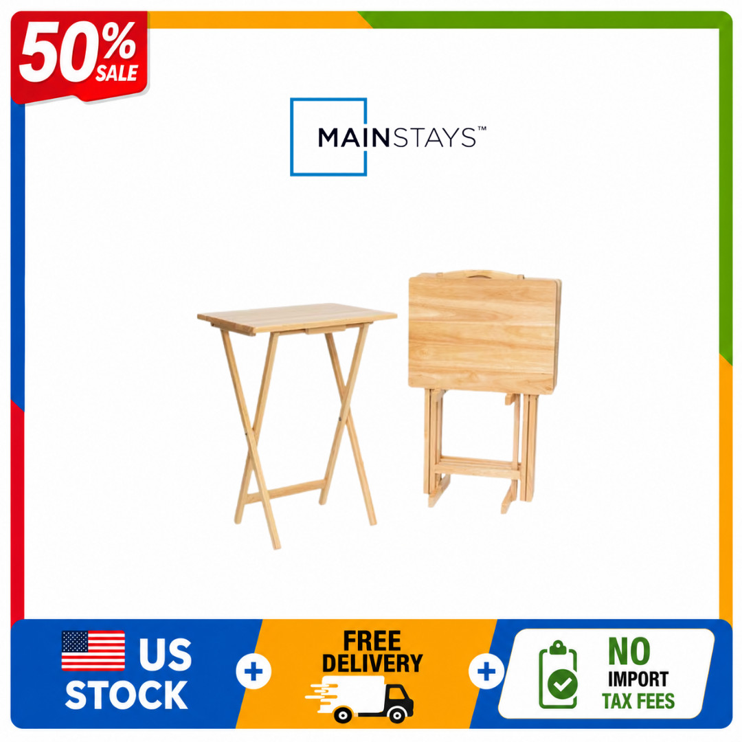 Mainstays 5 Pcs Rubberwood Folding TV Tray Table Set, Natural, with Storage Rack