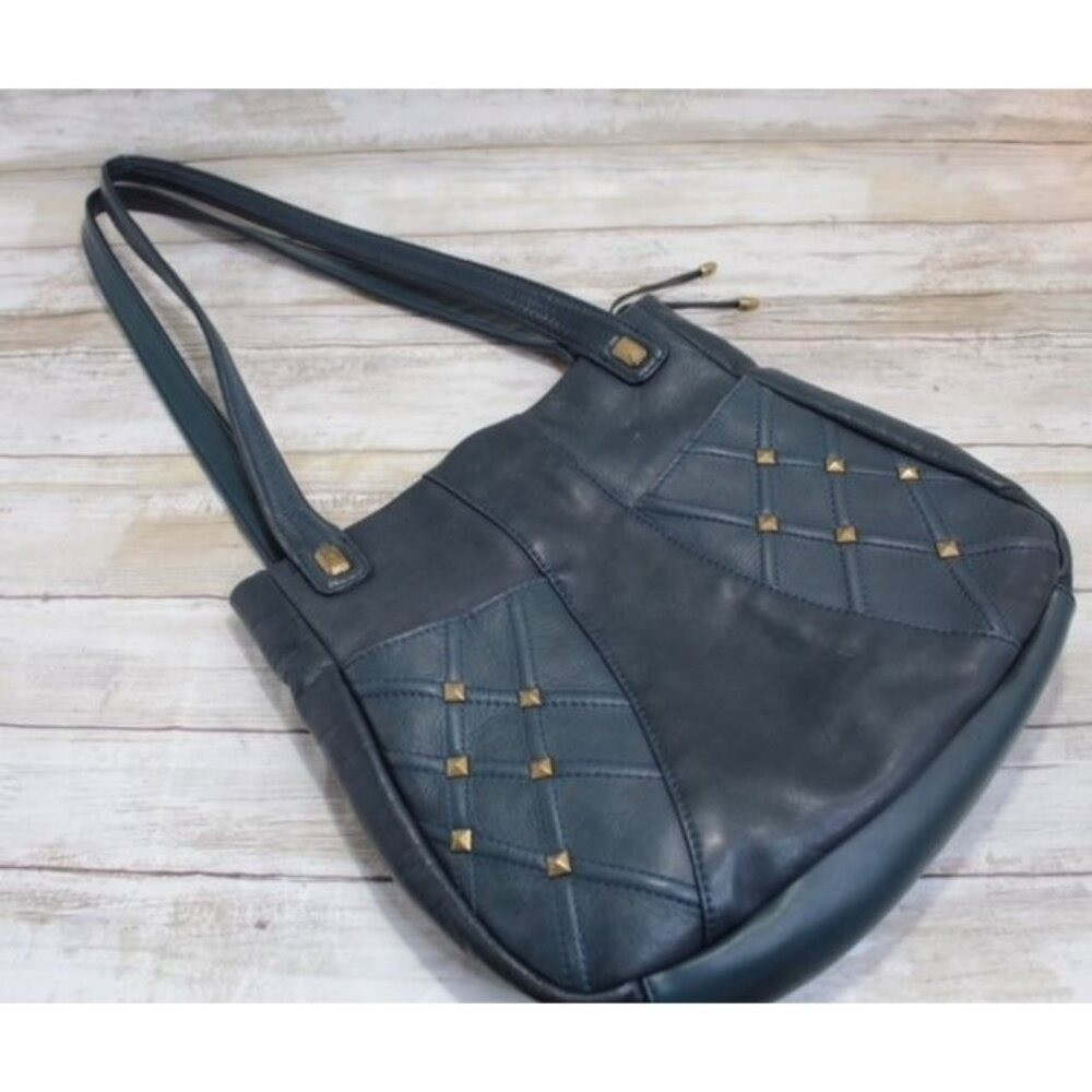 Stone Mountain Dark Teal Leather Studded Shoulder & Zipper Closure
