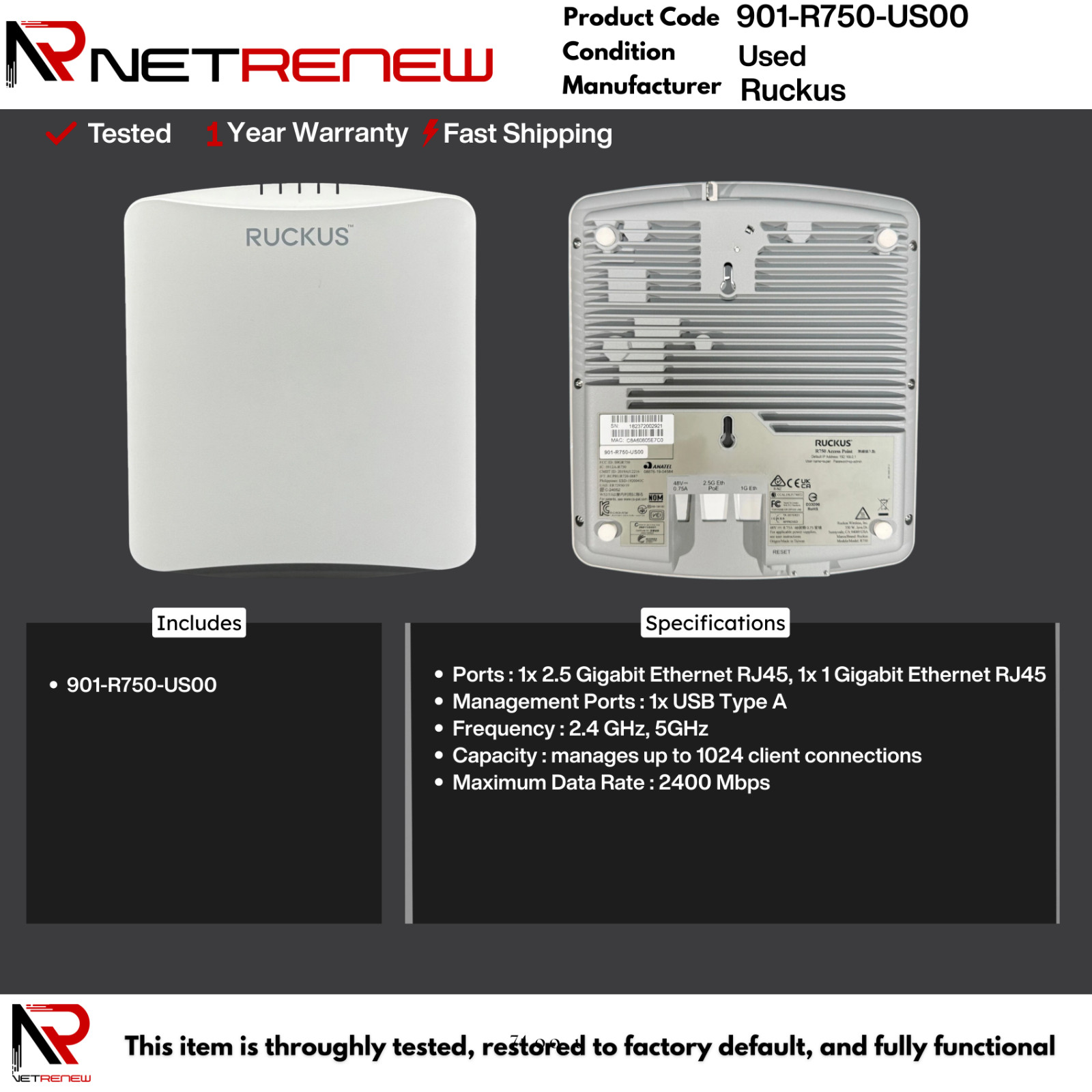 Ruckus  Access Point  901-R750-US00 ITEM ONLY